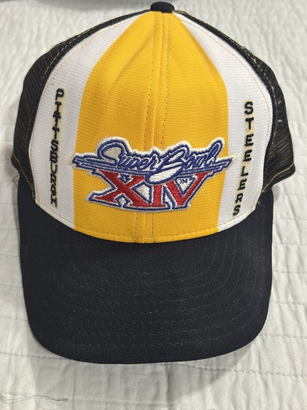 Vintage 80’s Steeler Super Bowl XIV Trucker Mesh Lucky Stripes 100% Nylon Large